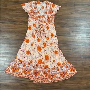 Floral Tie-Waist Midi Dress in Orange